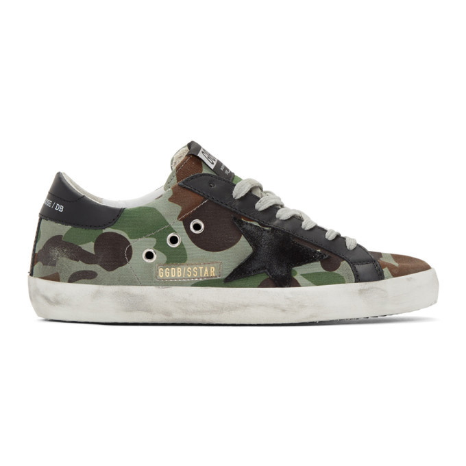 Photo: Golden Goose Green and Black Camo Canvas Superstar Sneakers