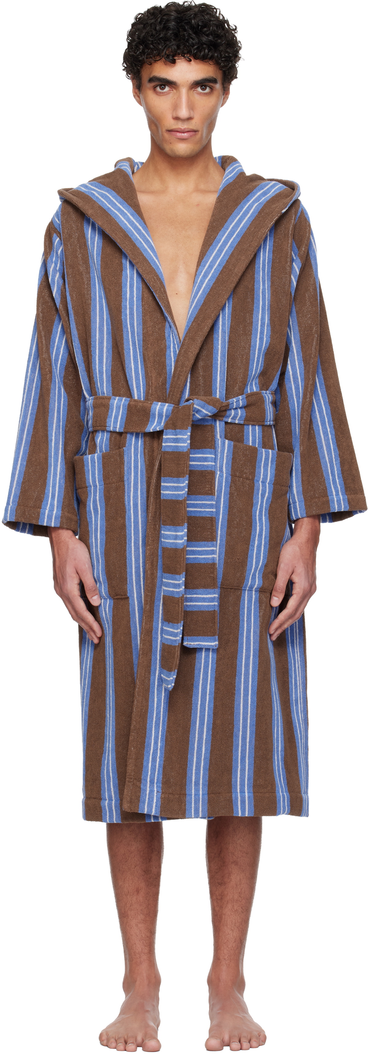 Tekla Brown & Blue Terry Hooded Bathrobe