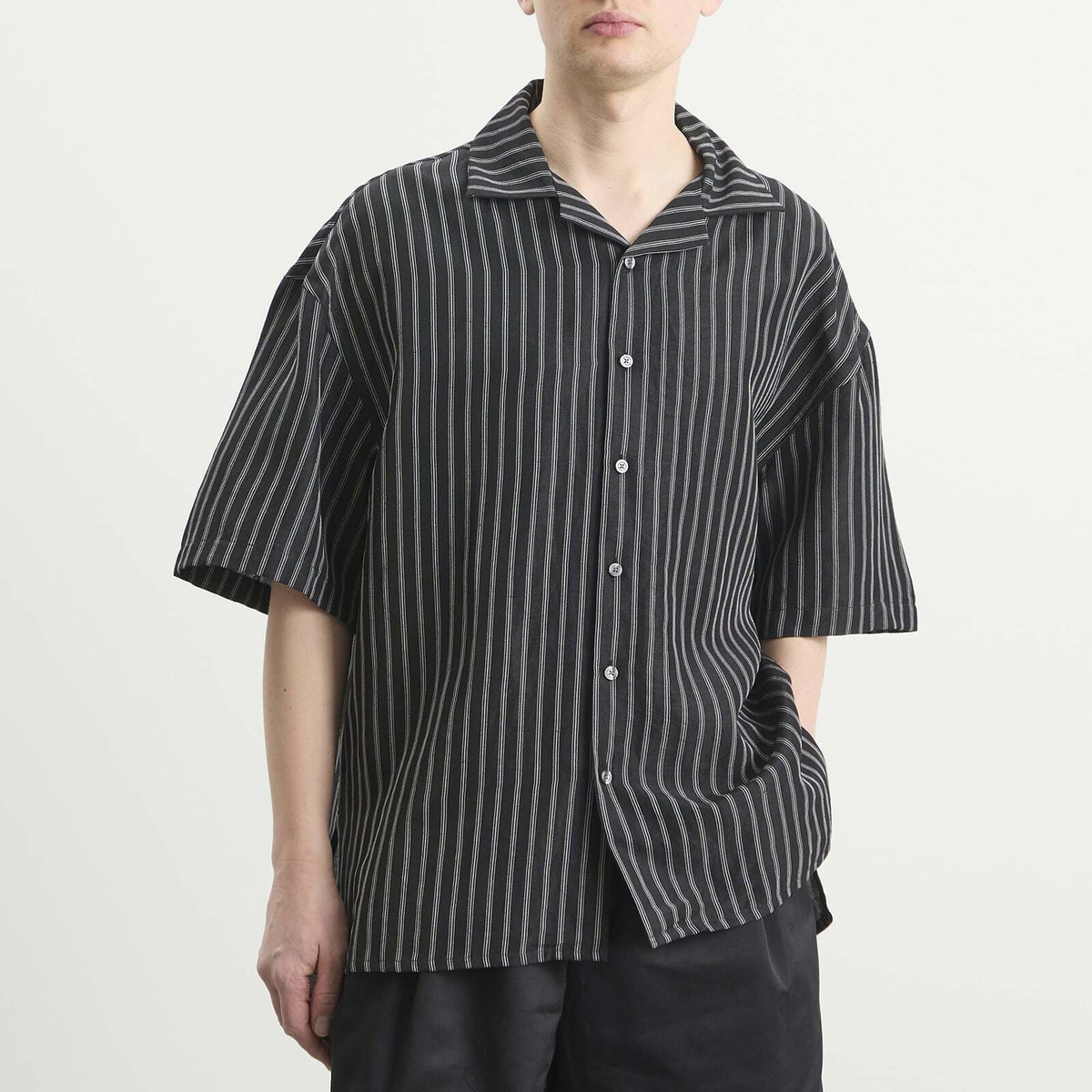 Willy Chavarria Men's Camp Collar Pinstripe Shirt in Black/White Stripe
