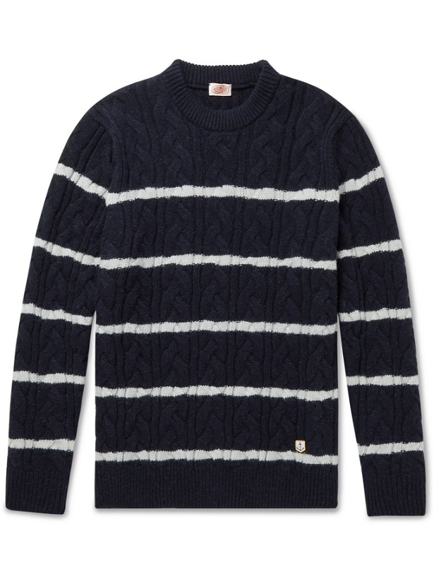 Photo: Armor Lux - Logo-Appliquéd Striped Cable-Knit Wool-Blend Sweater - Blue