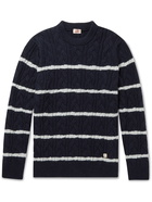 Armor Lux - Logo-Appliquéd Striped Cable-Knit Wool-Blend Sweater - Blue