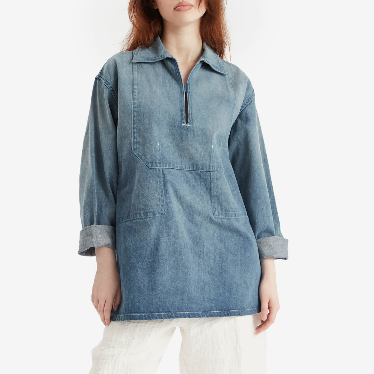 Auralee Women's Selvedge Faded Denim Shirt in Light Indigo