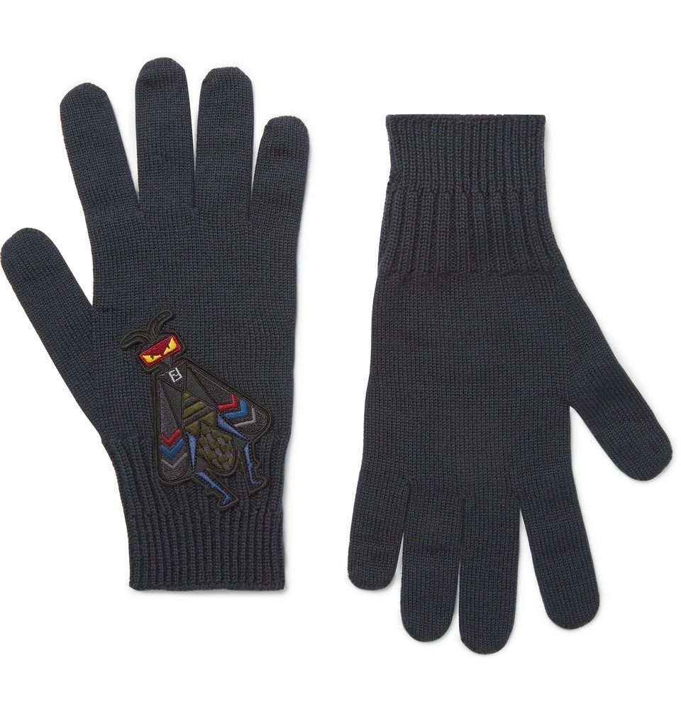 Fendi - Bag Bugs Appliquéd Wool Gloves - Men - Gray Fendi