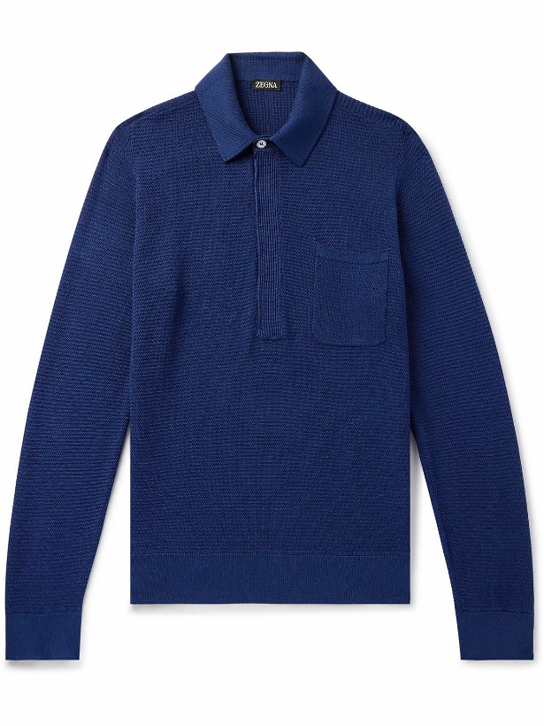 Photo: Zegna - Textured Cotton and Mulberry Silk-Blend Polo Shirt - Blue