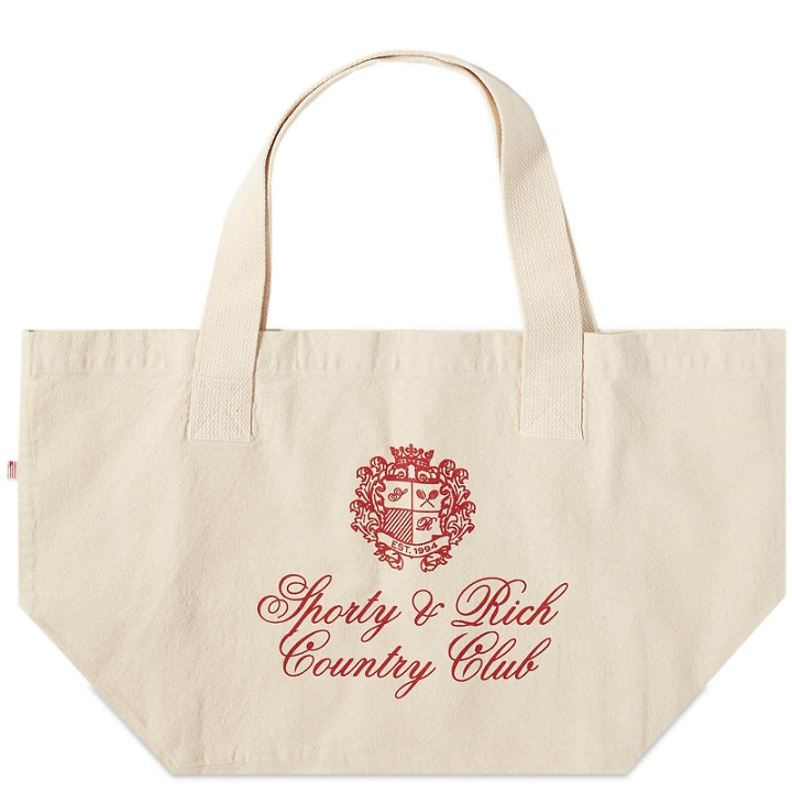 Photo: Sporty & Rich END. x Sporty & Rich Milano Crest Tote Bag in Cream/Red