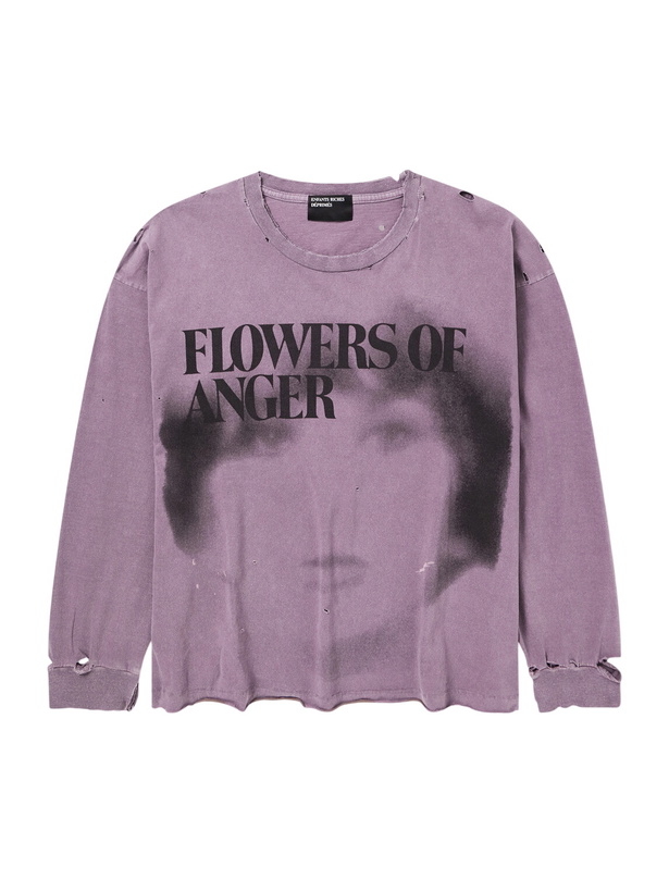 Photo: Enfants Riches Déprimés - Flowers of Anger Cropped Printed Distressed Cotton T-Shirt - Purple