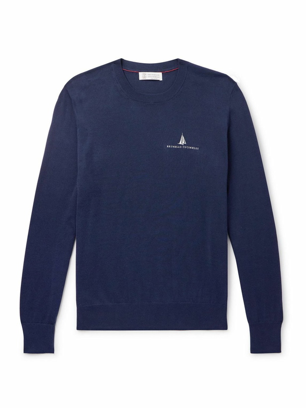 Photo: Brunello Cucinelli - Logo-Embroidered Cotton T-Shirt - Blue