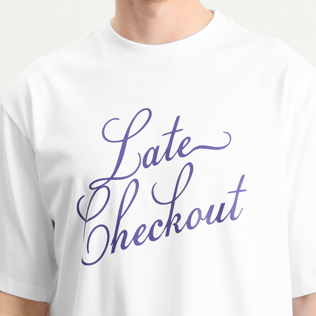 Late Checkout Men's Blue Script T-Shirt in White