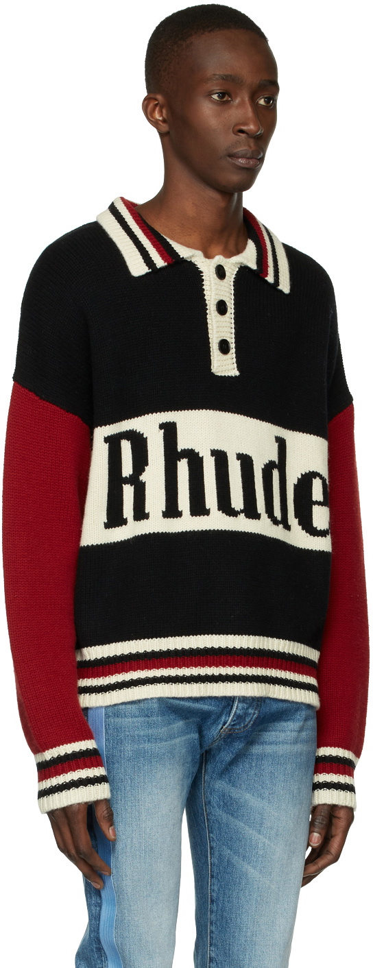 Rhude Black & Red Knit Logo Rugby Polo Rhude