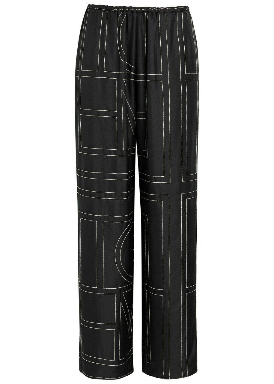 Toteme Logo-embroidered Silk-satin Trousers Black