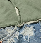 Greg Lauren - Fragment Distressed Panelled Cotton-Jersey and Denim Hoodie - Green