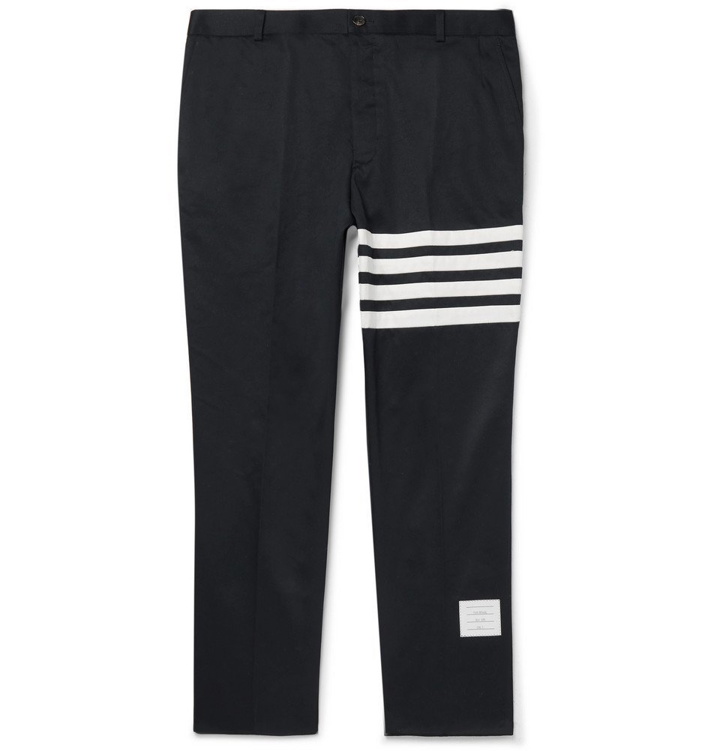 Photo: Thom Browne - Navy Slim-Fit Cropped Striped Cotton-Twill Trousers - Navy