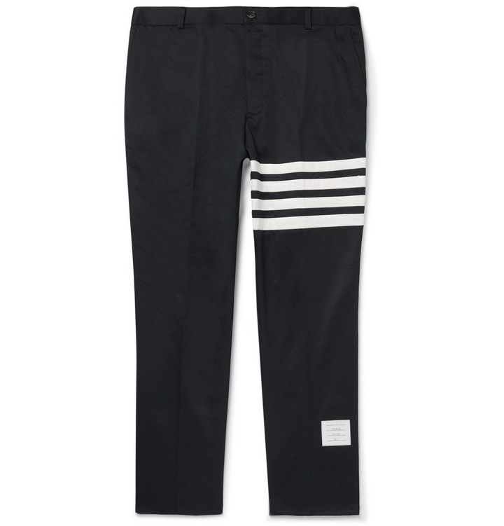 Photo: Thom Browne - Navy Slim-Fit Cropped Striped Cotton-Twill Trousers - Navy