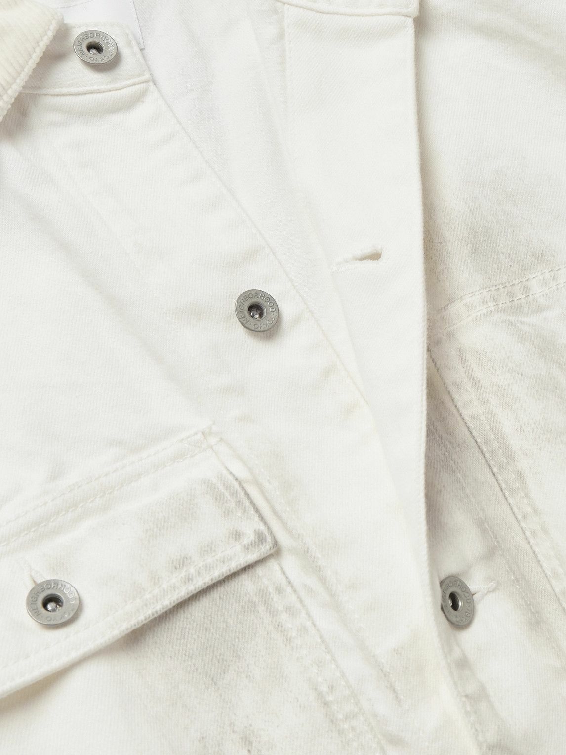 Neighborhood - Corduroy-Trimmed Paint-Splattered Denim Jacket - White