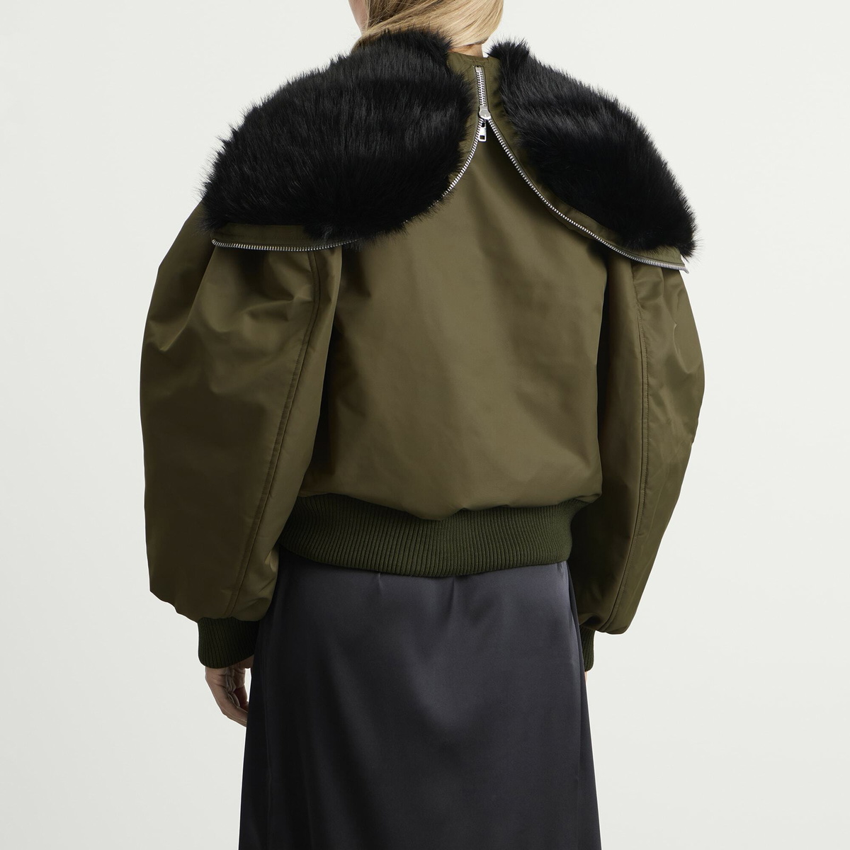 Simone Rocha Women's Cropped Split Faux Fur Hood Bomber Jacket in Khaki/Black