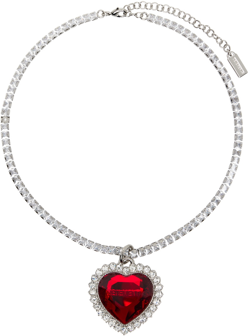 VETEMENTS Silver & Red Crystal Heart Necklace Vetements