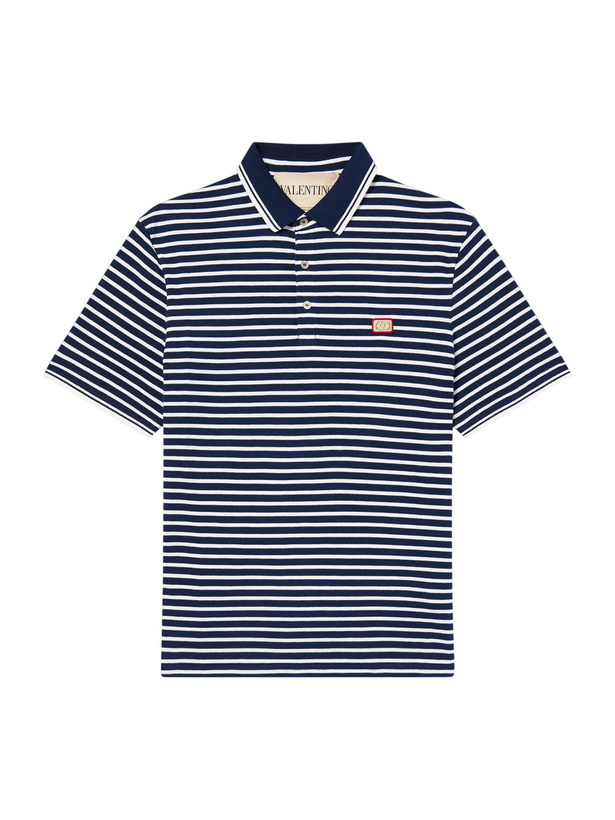 Photo: Valentino Garavani - Logo-Appliquéd Striped Cotton-Piqué Polo Shirt - Blue