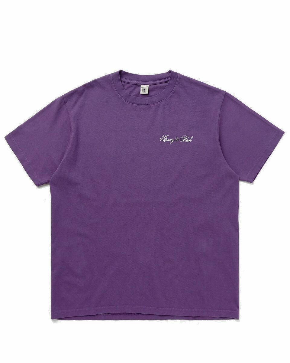 Photo: Sporty & Rich Cursive Logo T Shirt Purple - Mens - Shortsleeves