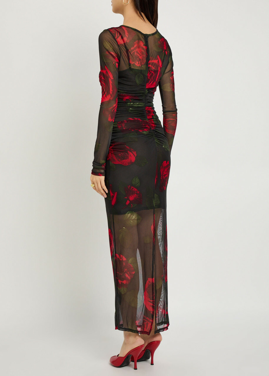 Good American Floral-print Ruched Mesh Maxi Dress Dark Red