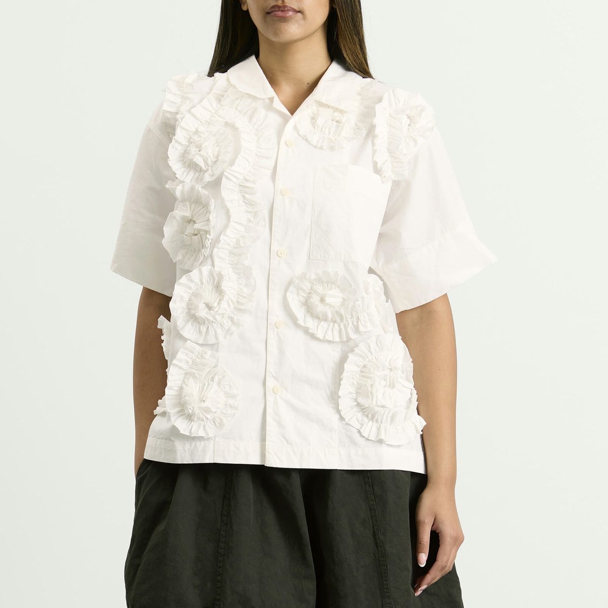 Story mfg. Women's Hand Applique Greetings Shirt in Ecru Fossil