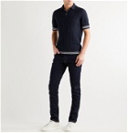 Brunello Cucinelli - Slim-Fit Ribbed Striped Linen and Cotton-Blend Polo Shirt - Blue