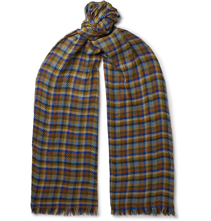 Photo: Loro Piana - Fringed Checked Cashmere and Silk-Blend Scarf - Blue