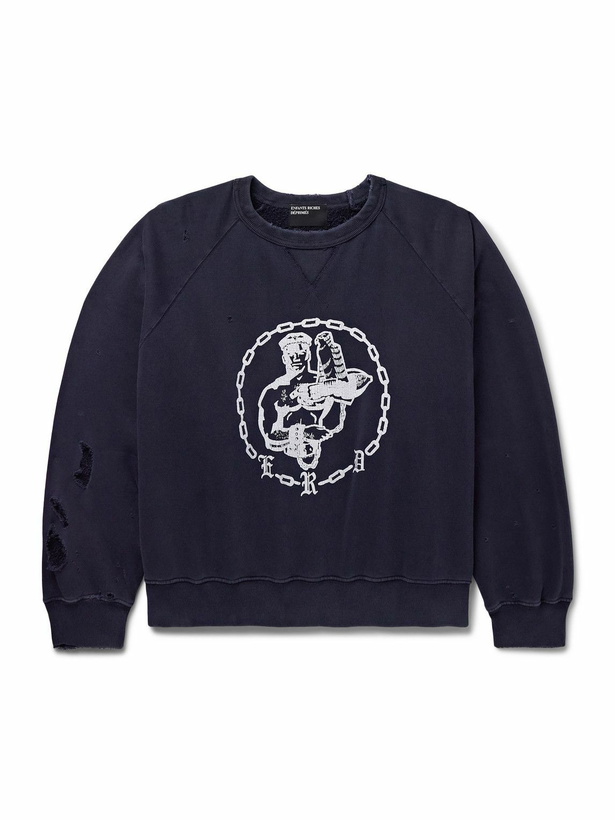 Photo: Enfants Riches Déprimés - Enfants En Chaine Printed Distressed Cotton-Jersey Sweatshirt - Blue