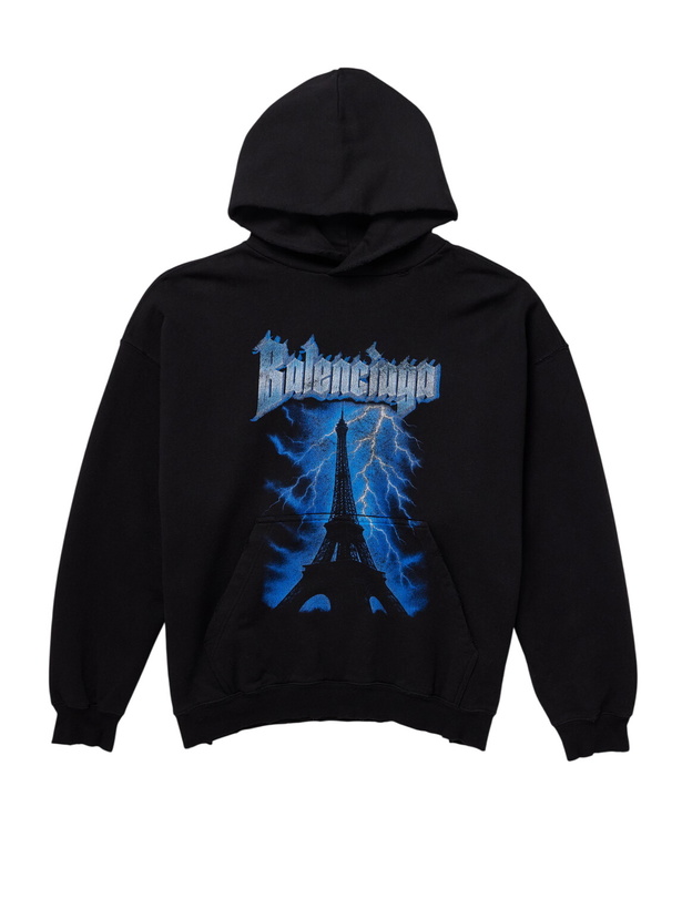 Photo: Balenciaga - Paris Thunderstorm Distressed Logo-Print Cotton-Jersey Hoodie - Black