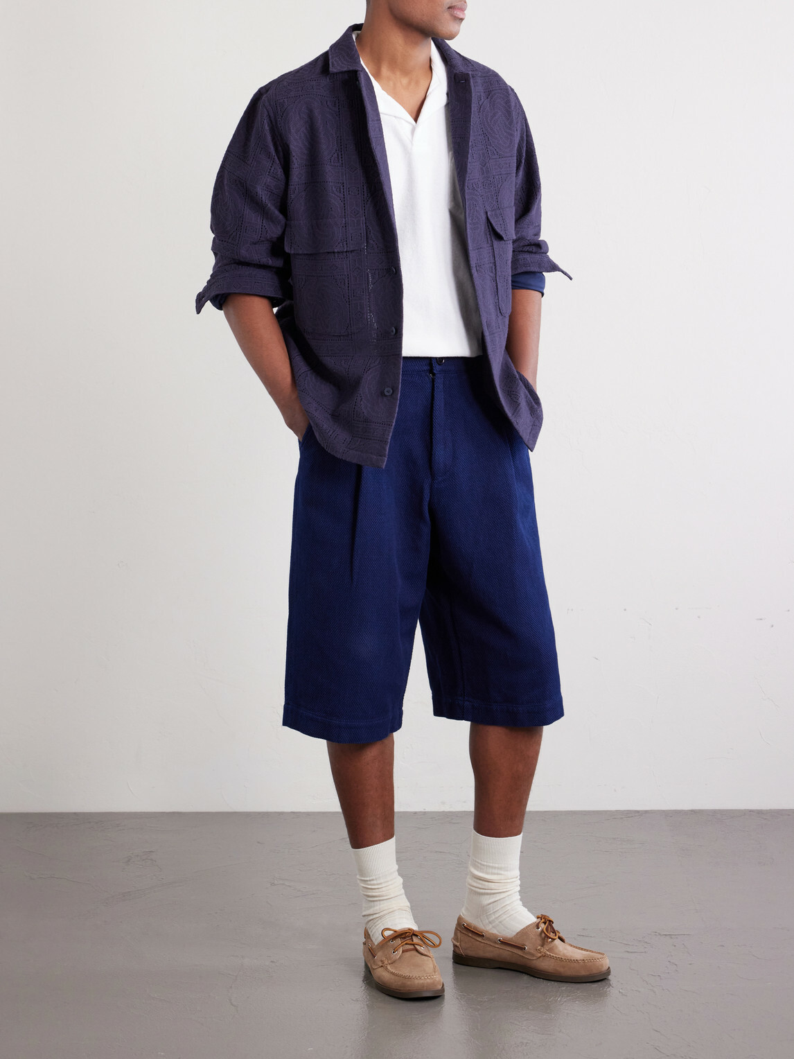 Blue Blue Japan - Wide-Leg Pleated Sashiko Cotton Shorts - Blue