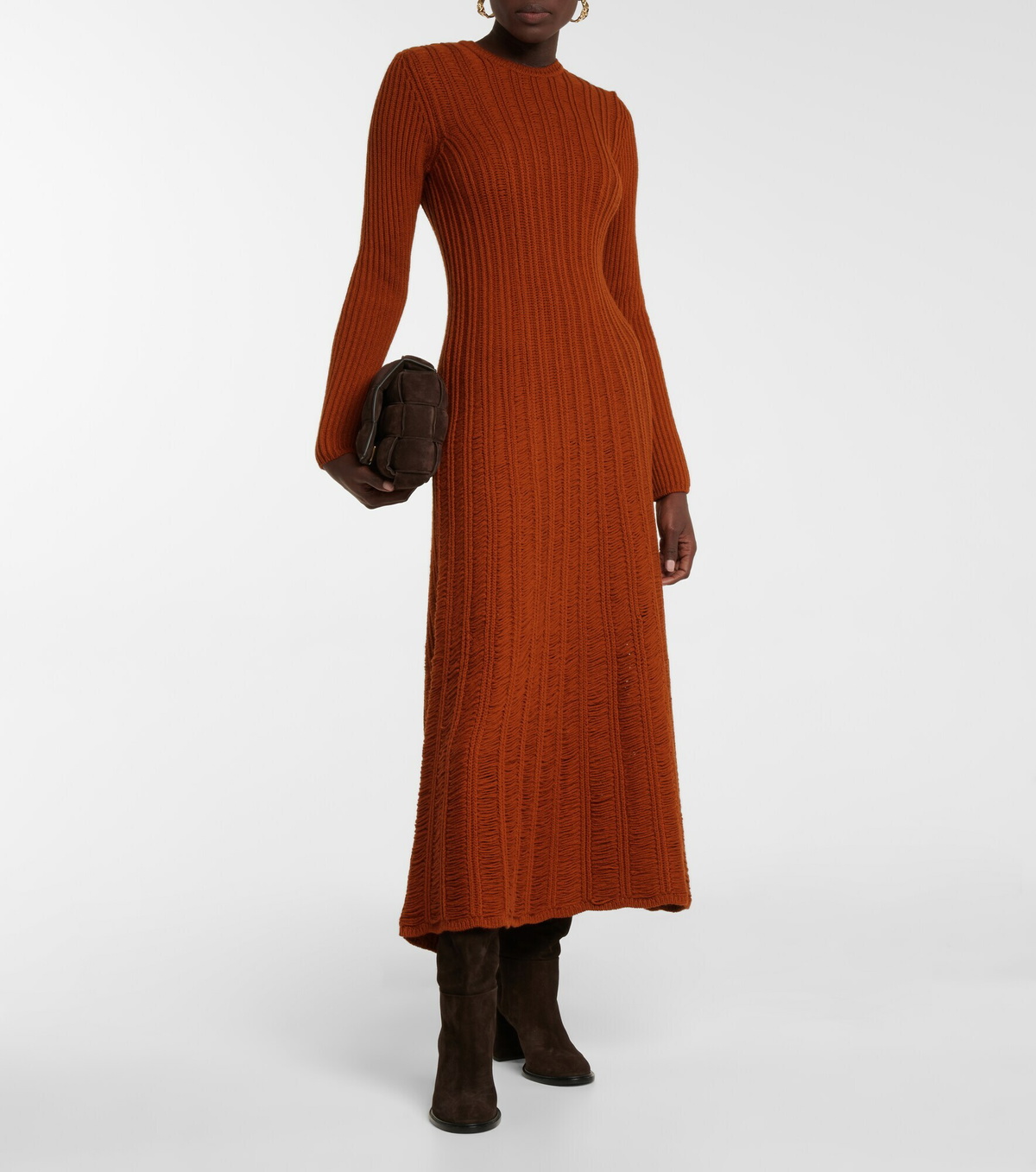 midi knitted dress long sleeve Green Ribbed Midi Dress