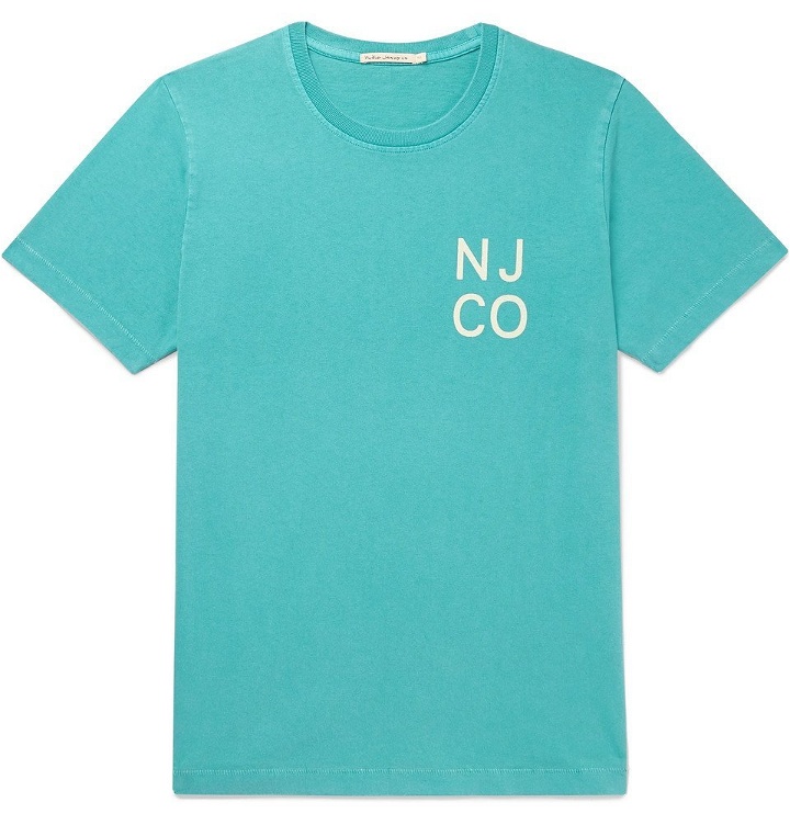 Photo: Nudie Jeans - Roy Logo-Print Organic Cotton-Jersey T-Shirt - Turquoise