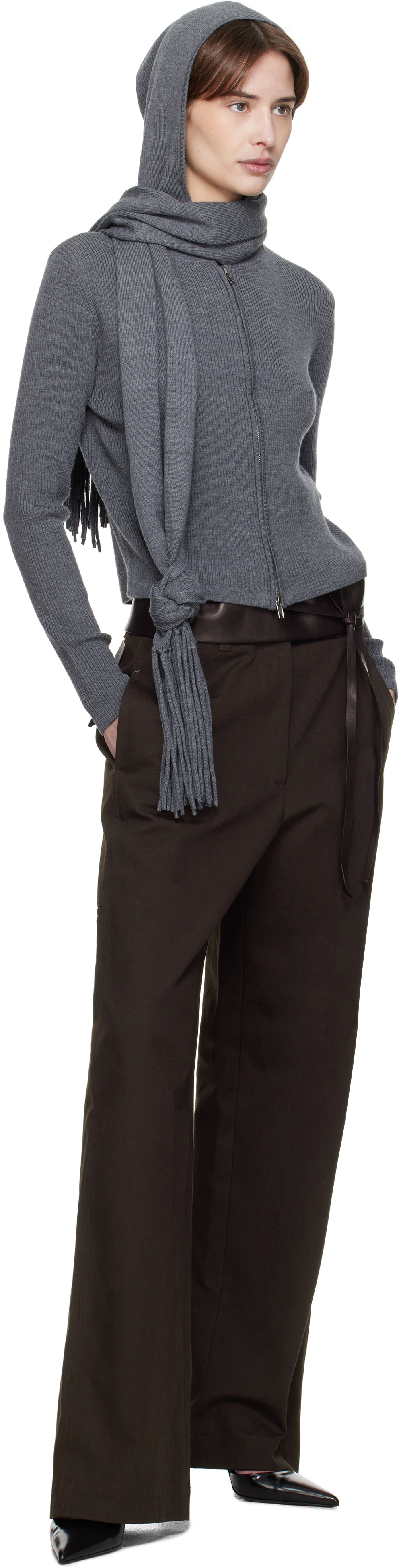 AARON ESH Gray Knitted Scarf & Hoodie Set