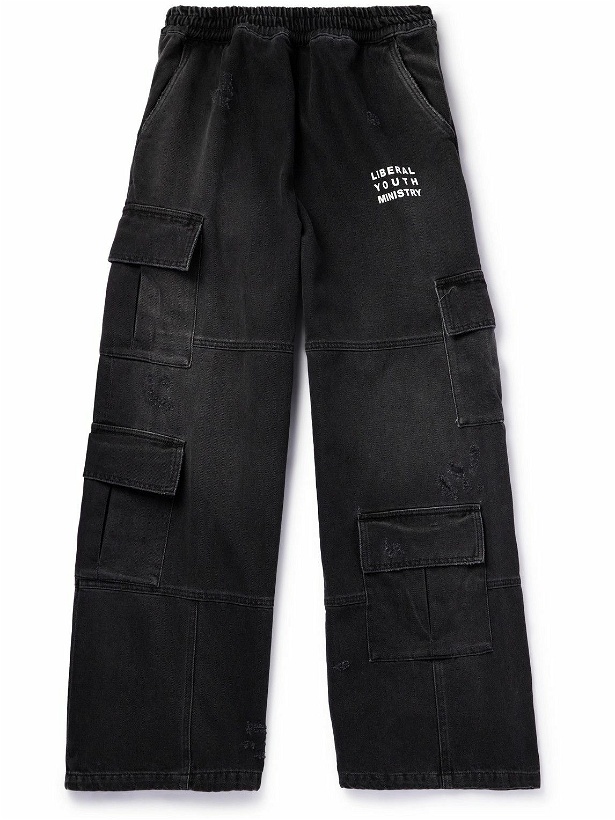 Photo: Liberal Youth Ministry - Wide-Leg Logo-Print Distressed Denim Cargo Trousers - Black