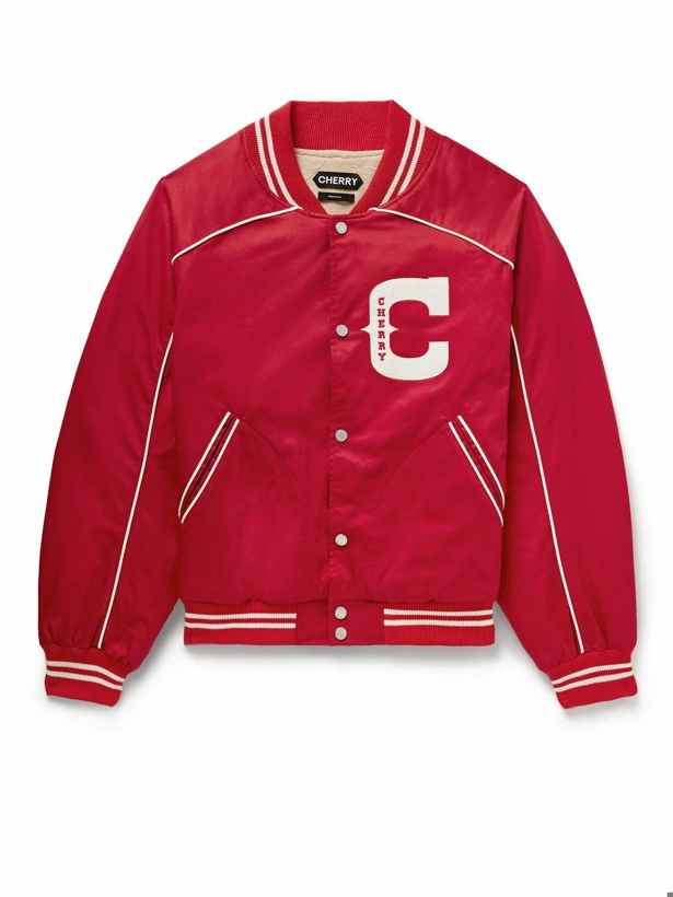 Photo: CHERRY LA - Film Crew Appliquéd Cotton-Twill Varsity Jacket - Red