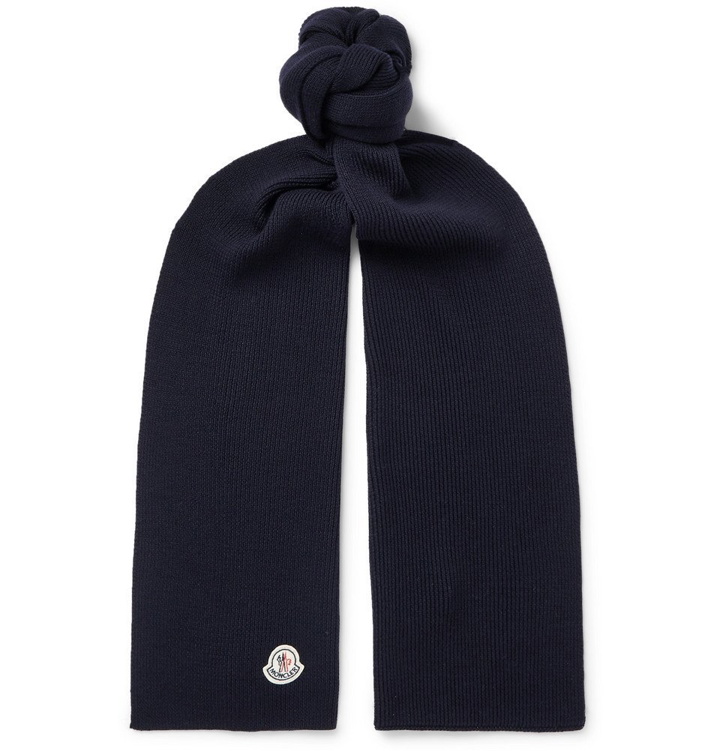 Photo: Moncler - Logo-Appliquéd Ribbed Virgin Wool Scarf - Navy