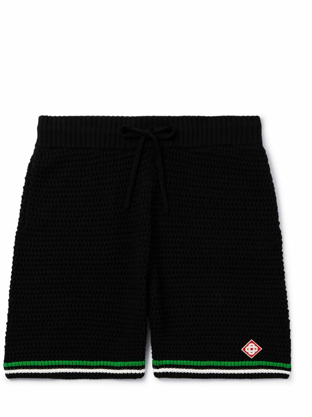 Photo: Casablanca - Straight-Leg Logo-Appliquéd Striped Crocheted Cotton Drawstring Shorts - Black