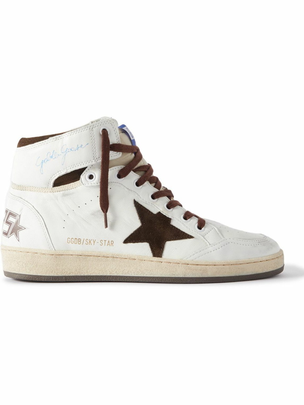 Photo: Golden Goose - Sky Star Distressed Leather High-Top Sneakers - White