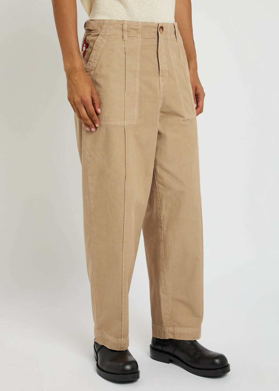 The Elder Statesman Surprise & Delight Embroidered Cotton-poplin Trousers Khaki