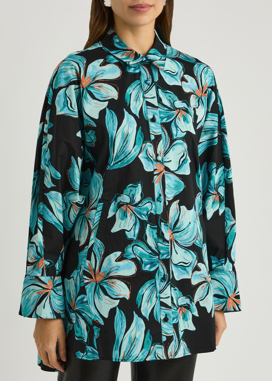 Diane Von Furstenberg Caleb Floral-print Stretch-cotton Blouse Black