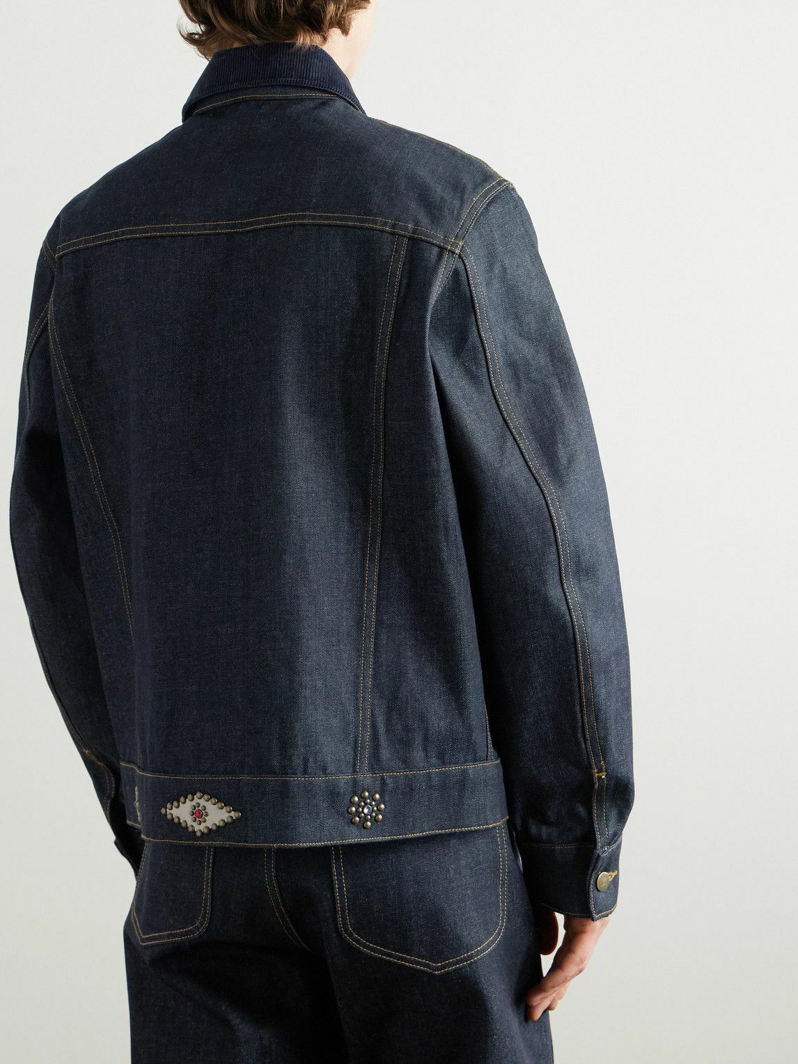 Cherry Los Angeles - Cotton-Blend Corduroy-Trimmed Embellished Denim Jacket - Blue