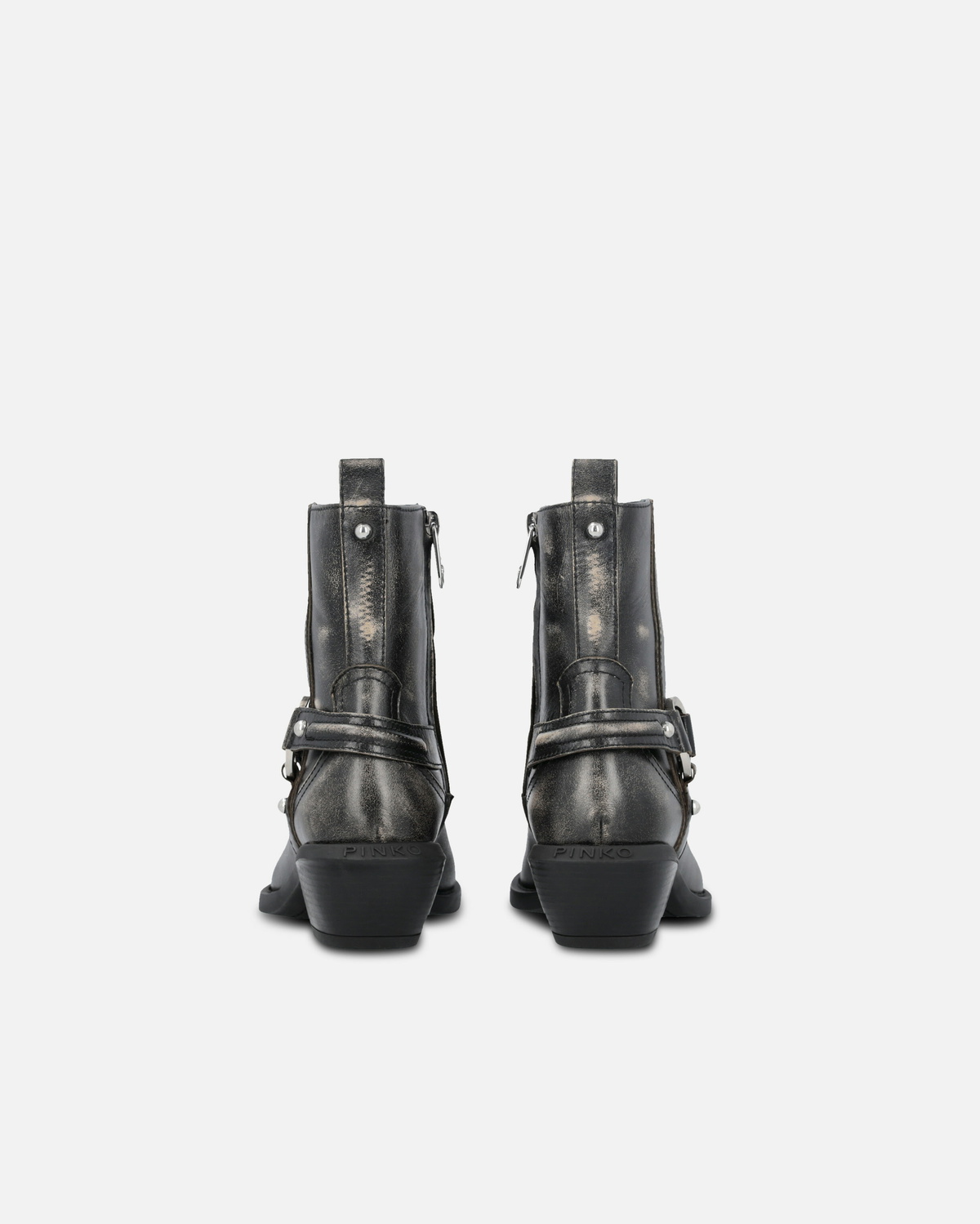 Pinko Ankle Cowboy Boots In Distressed Leather With A Metal