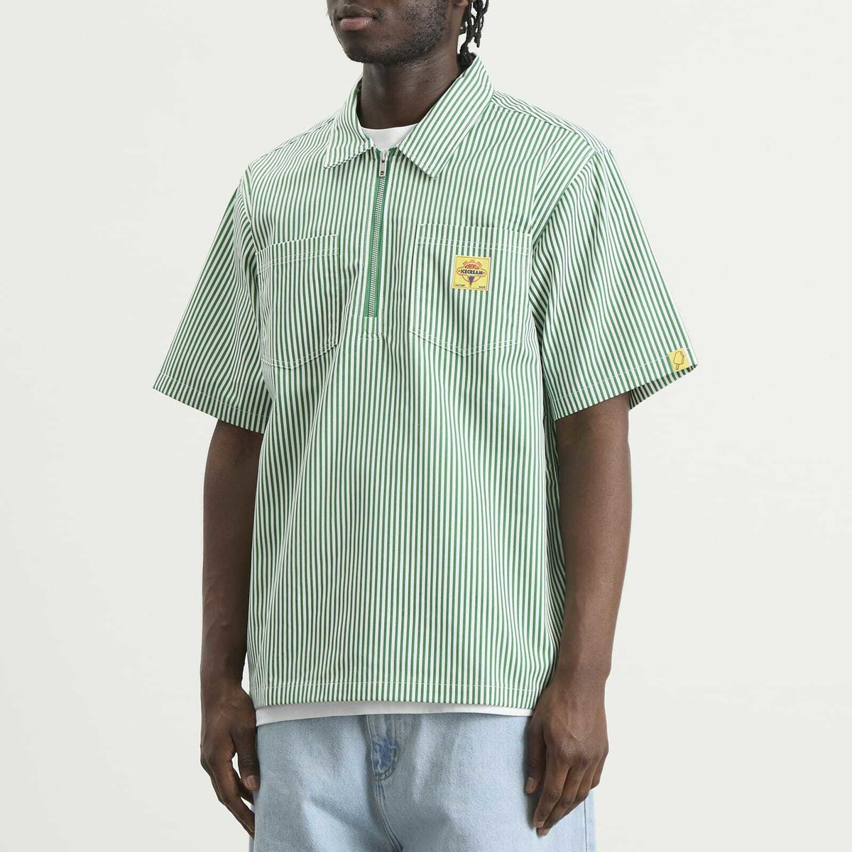 ICECREAM Men's IC Services Quarter Zip Work Shirt in Green/White stripe