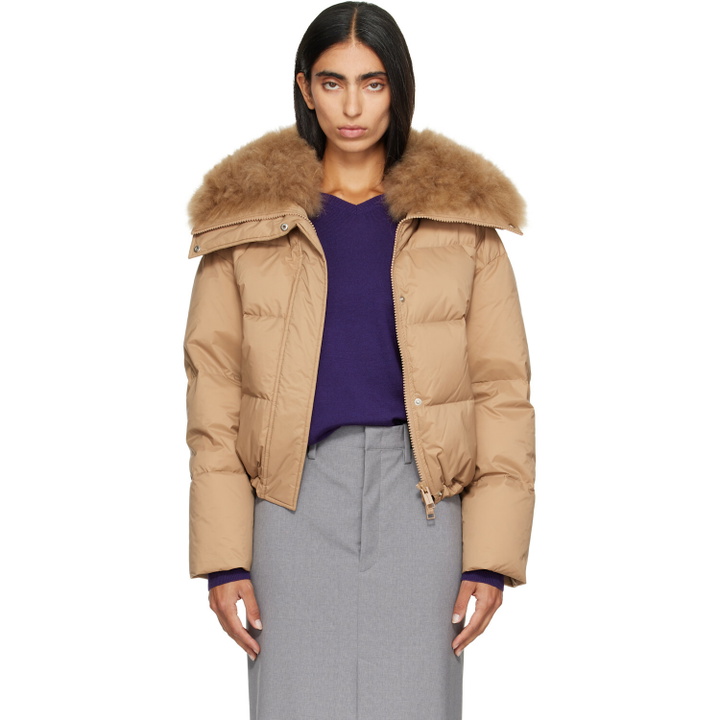 Photo: Yves Salomon Beige Waterproof Technical Lambswool Trim Short Down Jacket