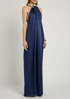 Stella Mccartney Draped Faux Pearl-embellished Satin Jumpsuit Navy