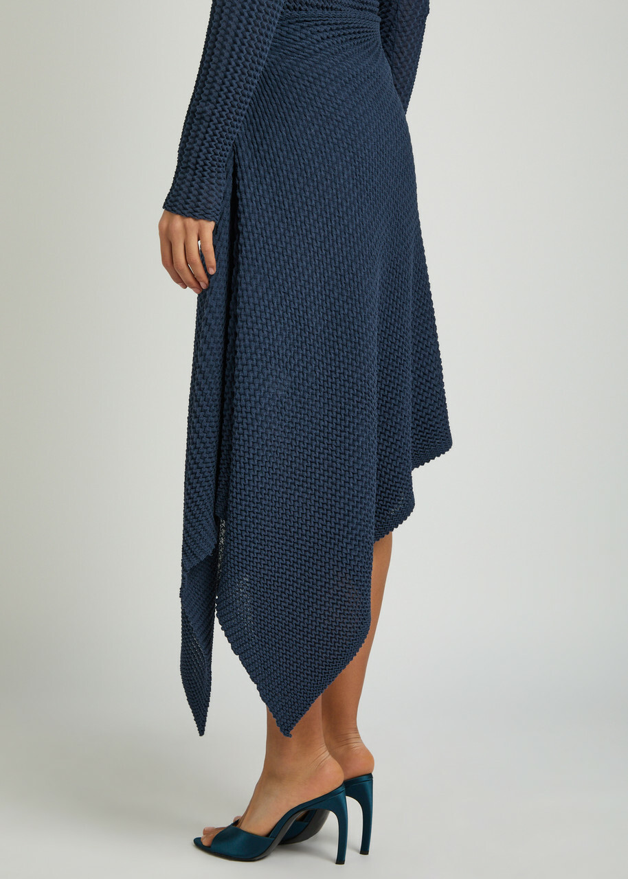 Victoria Beckham Draped Seersucker Fine-knit Midi Skirt Navy