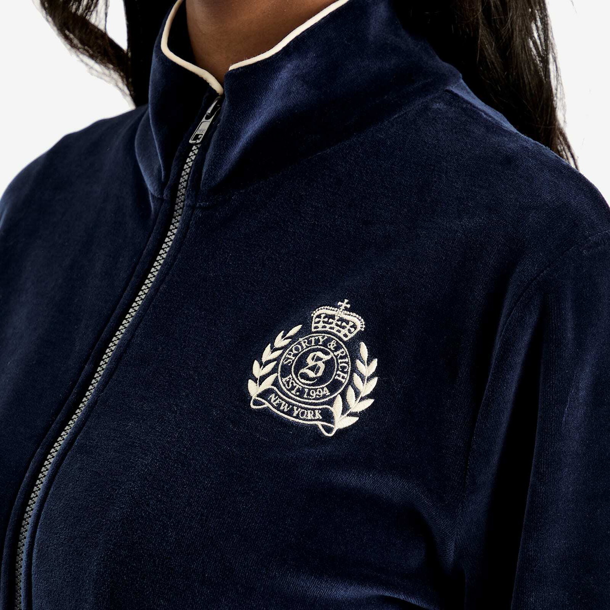 Sporty & Rich Women's NY Crest Velour Track Jacket in Navy Cream