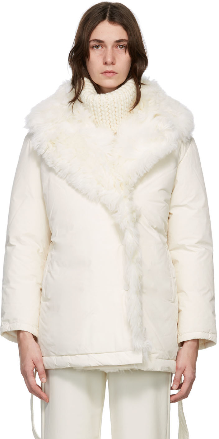 Yves Salomon White Down Shearling Trim Belted Jacket Yves Salomon