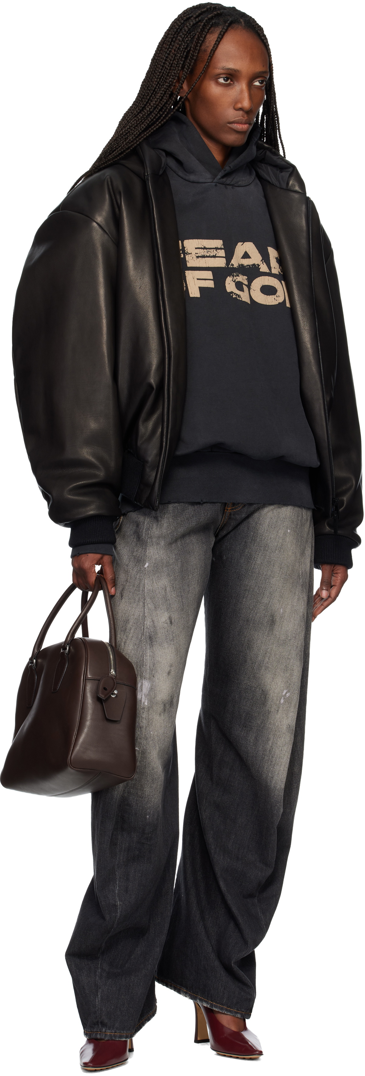 Fear of God Black Hooded Leather Bomber Jacket