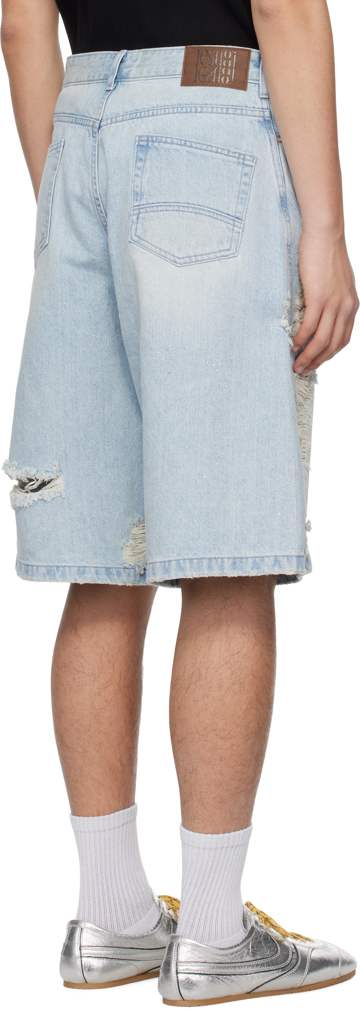 lesugiatelier Blue Crystal Embellished Ripped Denim Shorts