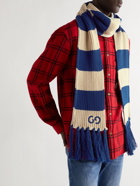 Gucci - Fringed Striped Logo-Embroidered Ribbed Cotton Scarf